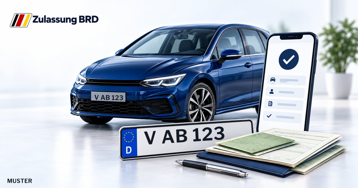 Online Fahrzeugzulassung in Reichenbach im Vogtland: Musterkennzeichen V AB 123, Auto und Fahrzeugpapiere und Smartphone. Illustration mit Logo von Zulassung BRD.
